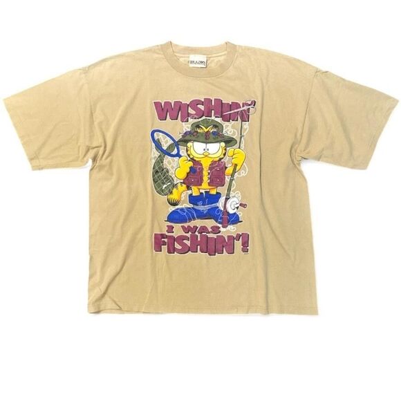 Vintage 90s Garfield Shirt Mens 3XL Wishin I Was Fishin Cartoon Graphic Made USA - Picture 1 of 10